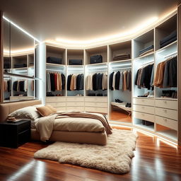 A modern bedroom with a stylish walk-in closet, featuring bright LED lighting illuminating the space