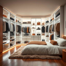 A modern bedroom with a stylish walk-in closet, featuring bright LED lighting illuminating the space