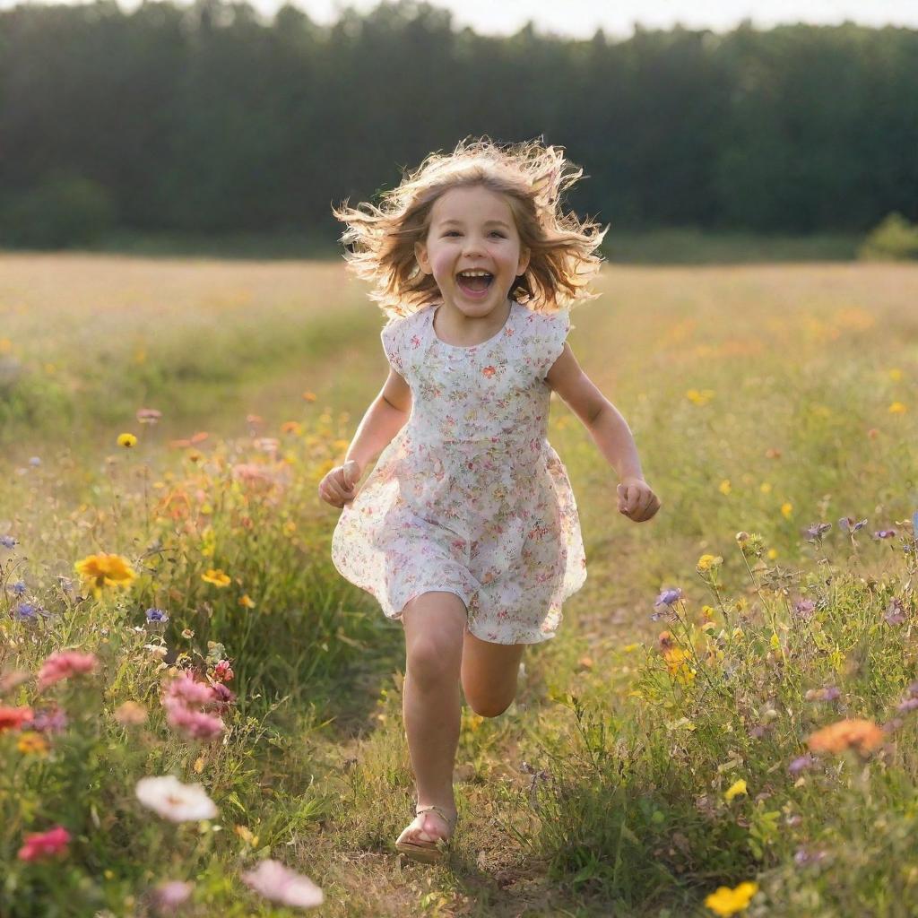 A cheerful little girl playfully skipping in a sunlit meadow filled with colorful wildflowers.