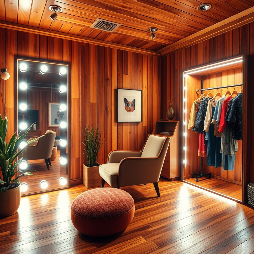 A cozy wooden dressing room featuring warm wooden panels, accentuated with modern LED lighting that creates an inviting atmosphere