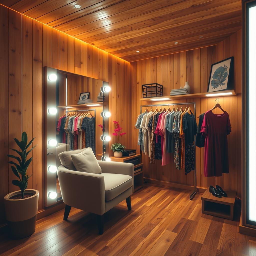 A cozy wooden dressing room featuring warm wooden panels, accentuated with modern LED lighting that creates an inviting atmosphere