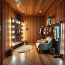 A cozy wooden dressing room featuring warm wooden panels, accentuated with modern LED lighting that creates an inviting atmosphere