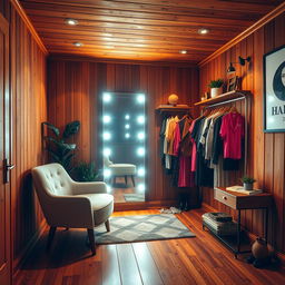 A cozy wooden dressing room featuring warm wooden panels, accentuated with modern LED lighting that creates an inviting atmosphere