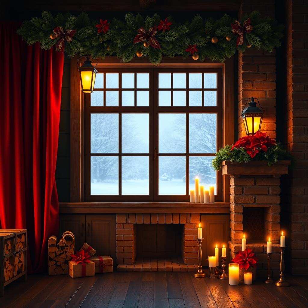 A beautifully detailed Christmas background featuring a large, rustic wooden window adorned with rich red curtains drawn to the sides