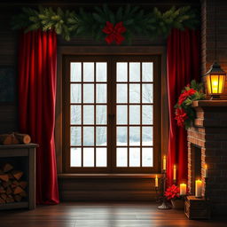 A beautifully detailed Christmas background featuring a large, rustic wooden window adorned with rich red curtains drawn to the sides