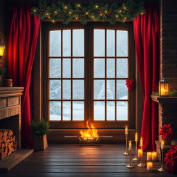 A beautifully detailed Christmas background featuring a large, rustic wooden window adorned with rich red curtains drawn to the sides