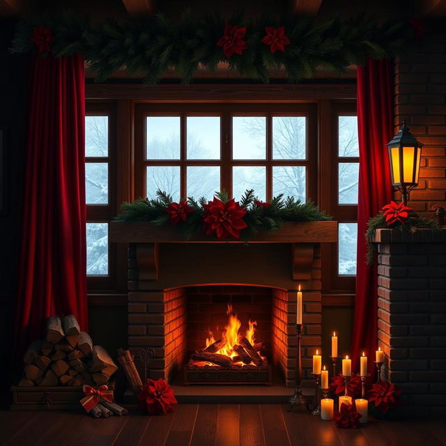 A beautifully detailed Christmas background featuring a large, rustic wooden window adorned with rich red curtains drawn to the sides