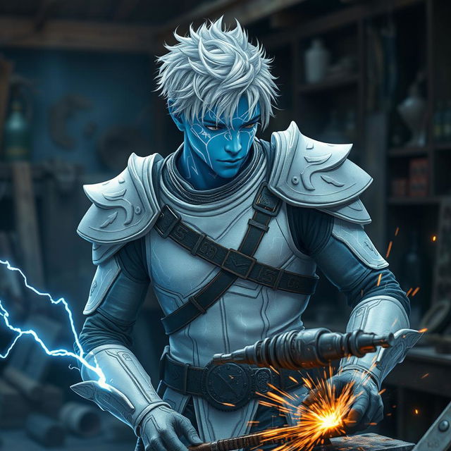 A young male Air Genasi with tousled white hair and vibrant blue skin adorned with bright white lines