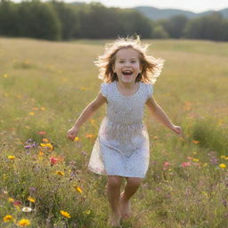 A cheerful little girl playfully skipping in a sunlit meadow filled with colorful wildflowers.