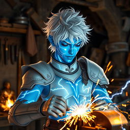 A young male Air Genasi with tousled white hair and vibrant blue skin adorned with bright white lines