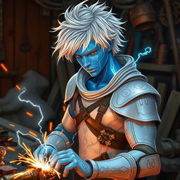 A young male Air Genasi with tousled white hair and vibrant blue skin adorned with bright white lines