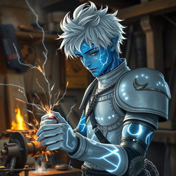 A young male Air Genasi with tousled white hair and vibrant blue skin adorned with bright white lines