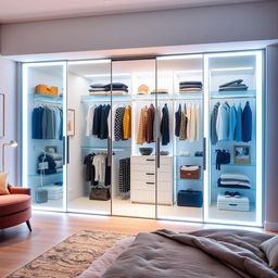 A modern glass doors wardrobe featuring sleek, minimalist design with LED lighting integrated into the sleek frame