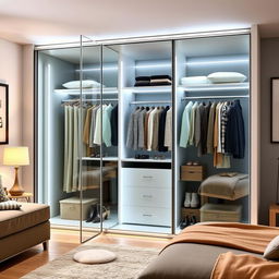 A modern glass doors wardrobe featuring sleek, minimalist design with LED lighting integrated into the sleek frame