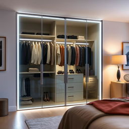 A modern glass doors wardrobe featuring sleek, minimalist design with LED lighting integrated into the sleek frame