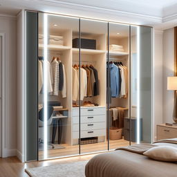 A modern glass doors wardrobe featuring sleek, minimalist design with LED lighting integrated into the sleek frame