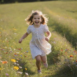 A cheerful little girl playfully skipping in a sunlit meadow filled with colorful wildflowers.