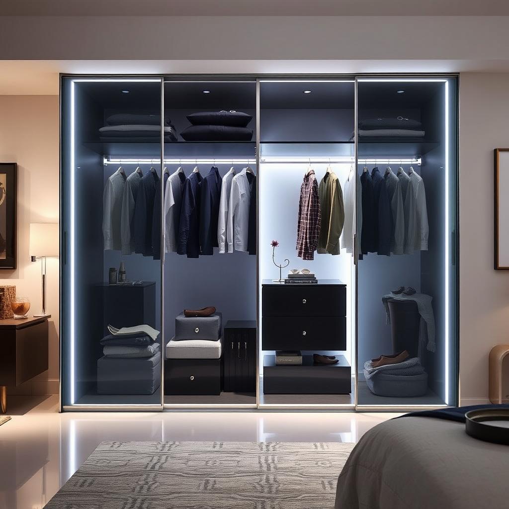 A modern glass wardrobe with sliding doors, featuring integrated LED lighting that illuminates the interior