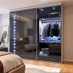 A modern glass wardrobe with sliding doors, featuring integrated LED lighting that illuminates the interior