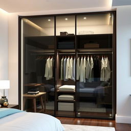 A modern glass wardrobe with sliding doors, featuring integrated LED lighting that illuminates the interior