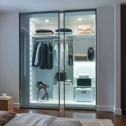 A modern glass wardrobe with sliding doors, featuring integrated LED lighting that illuminates the interior