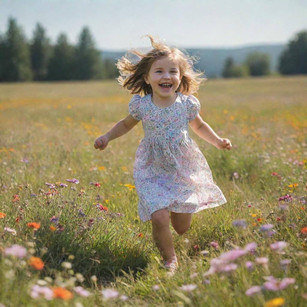 A cheerful little girl playfully skipping in a sunlit meadow filled with colorful wildflowers.