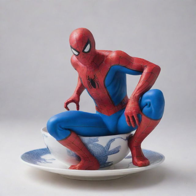 Spiderman, in his signature red and blue suit, poised dynamically within the confines of a detailed porcelain tea cup.