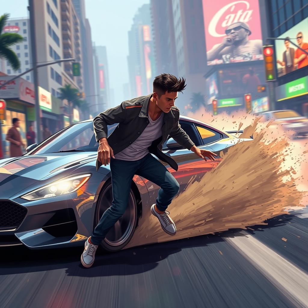 A dramatic scene illustrating a character being hit by a car in an urban setting