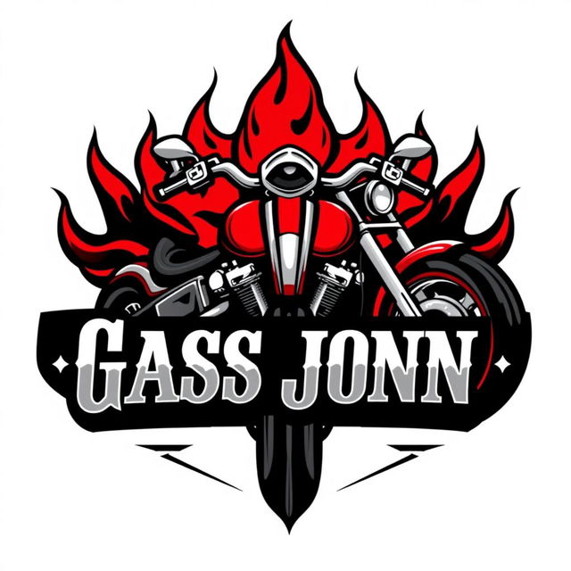 A bold and dynamic biker logo featuring a stylized motorcycle, flames, and a rugged design