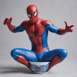 Spiderman, in his signature red and blue suit, poised dynamically within the confines of a detailed porcelain tea cup.