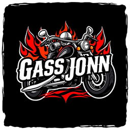 A bold and dynamic biker logo featuring a stylized motorcycle, flames, and a rugged design