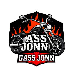 A bold and dynamic biker logo featuring a stylized motorcycle, flames, and a rugged design