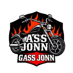 A bold and dynamic biker logo featuring a stylized motorcycle, flames, and a rugged design