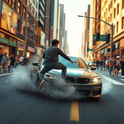 A vivid and dramatic scene showing a character being hit by a car in a bustling urban environment