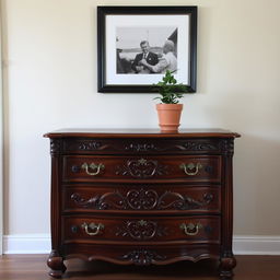 A beautifully crafted vintage chest of drawers made from rich, dark wood with intricate carvings on the front