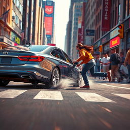 A vivid and dramatic scene showing a character being hit by a car in a bustling urban environment