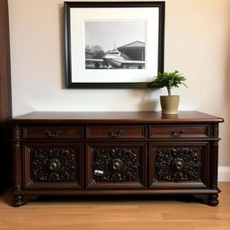 A beautifully crafted vintage chest of drawers made from rich, dark wood with intricate carvings on the front