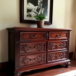 A beautifully crafted vintage chest of drawers made from rich, dark wood with intricate carvings on the front