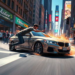 A vivid and dramatic scene showing a character being hit by a car in a bustling urban environment