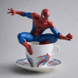 Spiderman, in his signature red and blue suit, poised dynamically within the confines of a detailed porcelain tea cup.