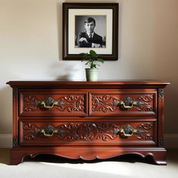 A beautifully crafted vintage chest of drawers made from rich, dark wood with intricate carvings on the front