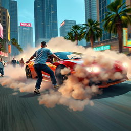 A dramatic and action-packed scene set in Grand Theft Auto V, depicting a character being hit by a car