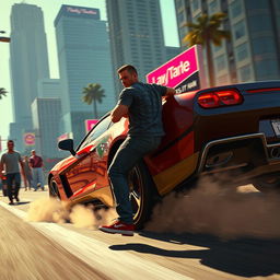 A dramatic and action-packed scene set in Grand Theft Auto V, depicting a character being hit by a car