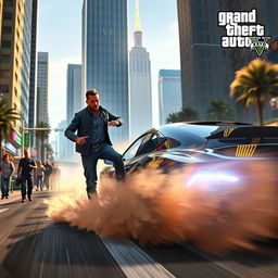 A dramatic and action-packed scene set in Grand Theft Auto V, depicting a character being hit by a car