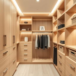 A modern wooden closet interior design featuring sleek, light wood finishes