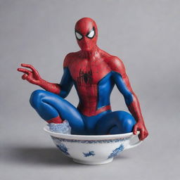 Spiderman, in his signature red and blue suit, poised dynamically within the confines of a detailed porcelain tea cup.