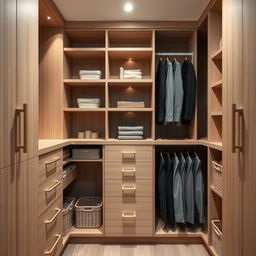 A modern wooden closet interior design featuring sleek, light wood finishes