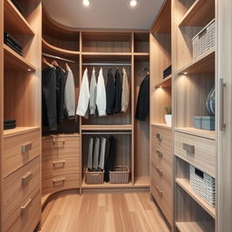 A modern wooden closet interior design featuring sleek, light wood finishes