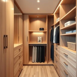 A modern wooden closet interior design featuring sleek, light wood finishes