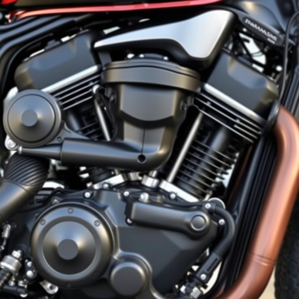 A detailed close-up of a motorcycle engine, showcasing intricate components like the cylinders, pistons, and chrome accents